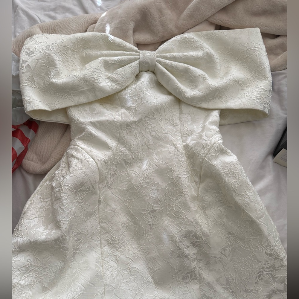 Elegant White Bow Dress 
Off the shoulder + lace from BabyBoo

runs a bit small